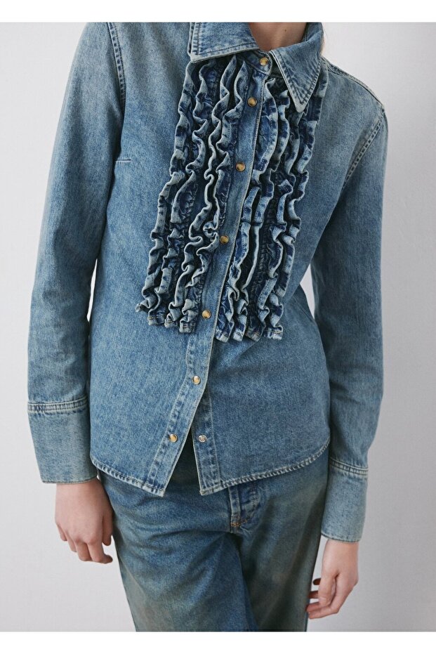 Volanlı denim gömlek - 5