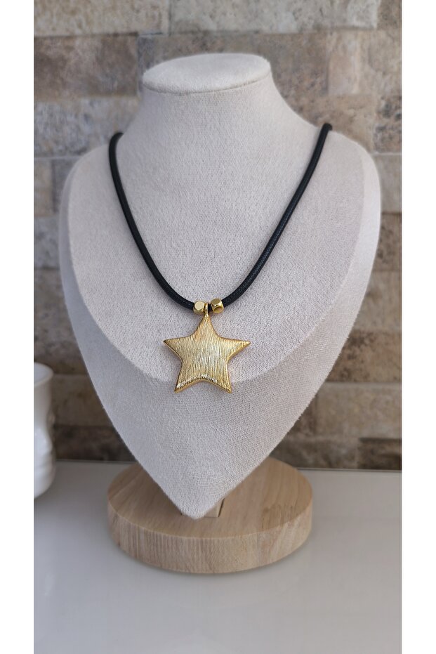 Leather Threaded Serrated Plate Star Figure Gold Color Necklace