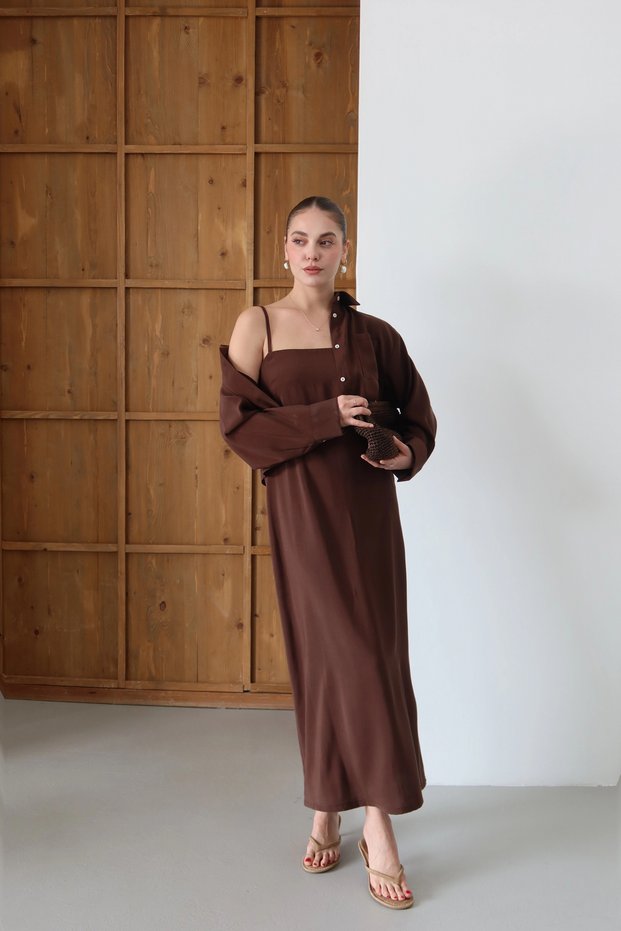 Strap Dress and Shirt Set Brown