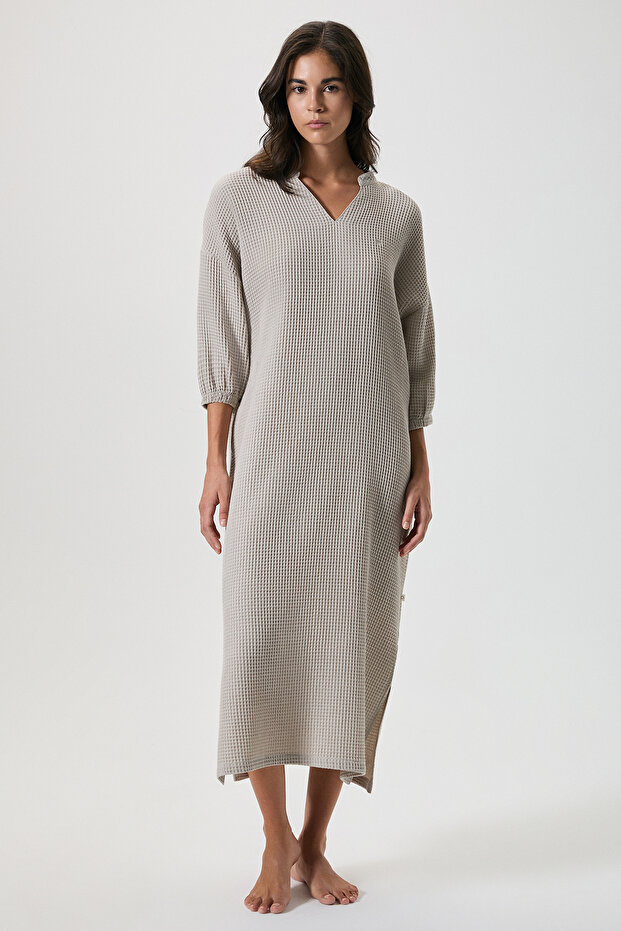 100% Cotton Waffle Hakim Collar Long Dress