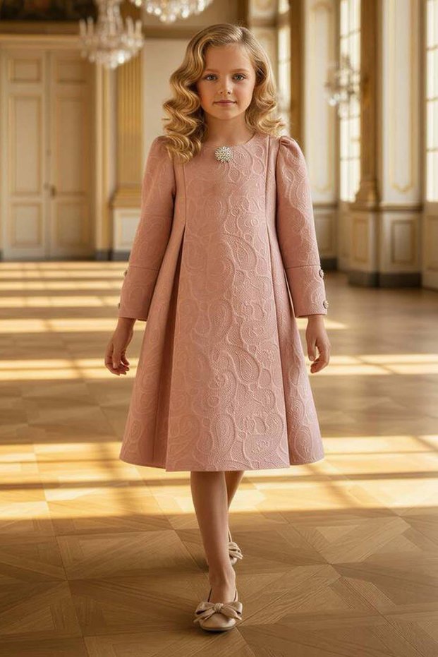 Girl's Watermelon Sleeve Dress with Brooch Detail on the Chest and Embossing on the Top Patterned Pink