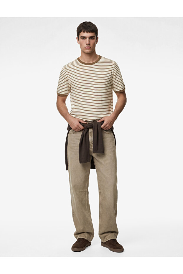 Regular Fit Short Sleeve Ribbed Fabric Crew Neck Striped T-Shirt
