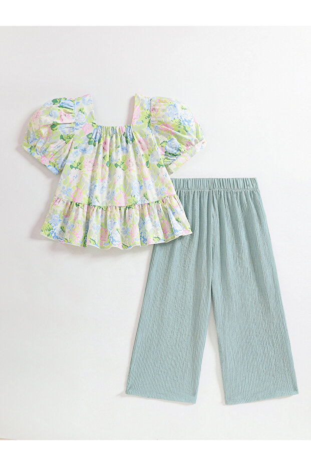 Girls Floral Print Top and Green Pants Set