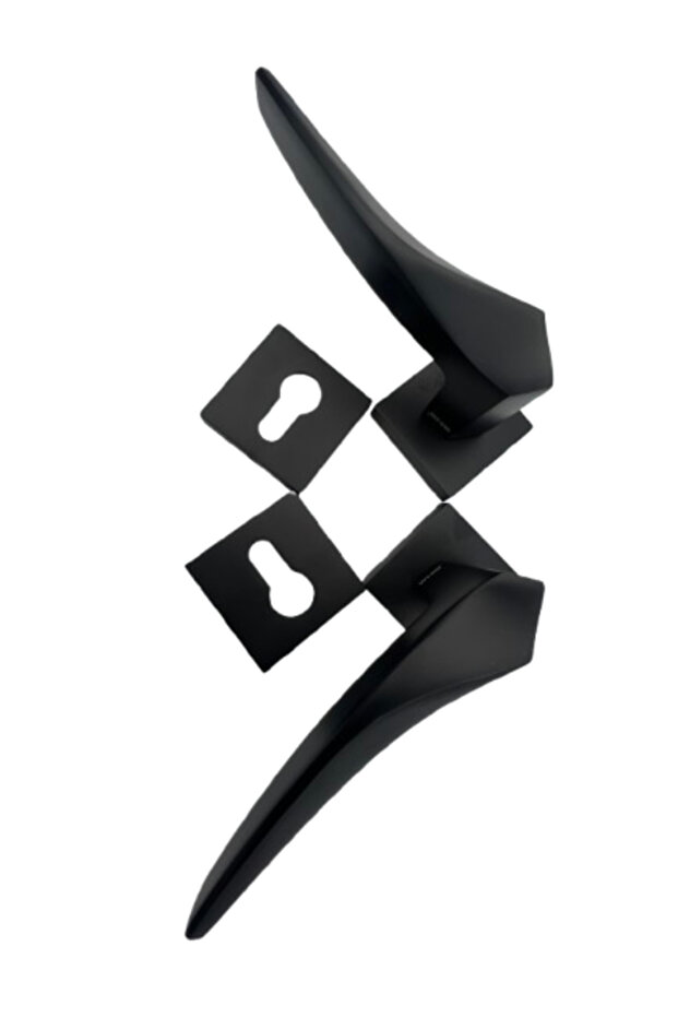 Rose Handle Door Lever Set with Keyhole Plates, Black Finish, Modern Style Hardware
