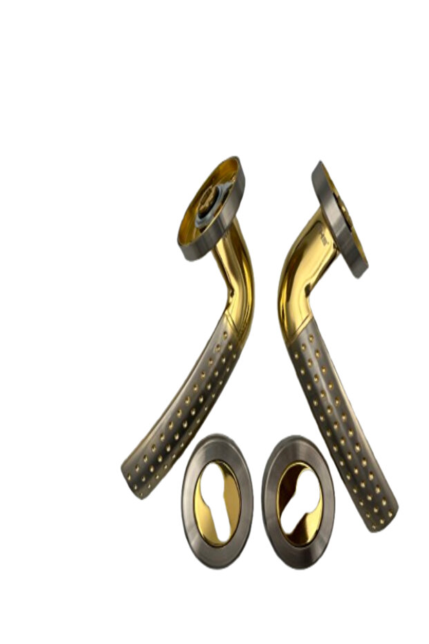 Door Handle Set, Gold and Brushed Nickel, Curved Lever Design, with Keyhole Escutcheons