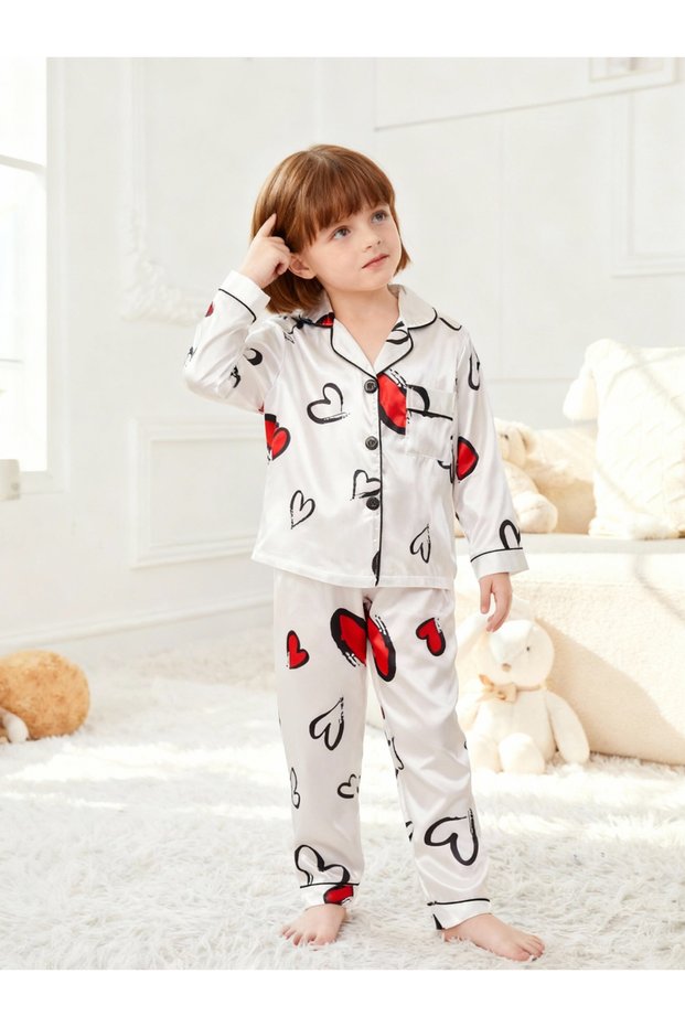 Girls White Heart Print Shirt and Pyjama Set