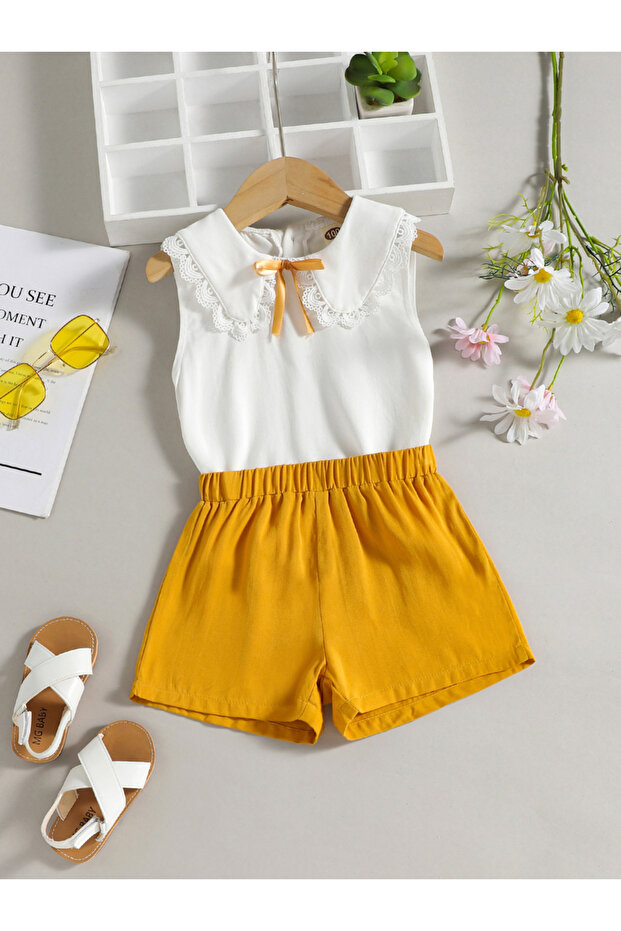 Girls Lace Neckline Sleeveless Top and Shorts Set