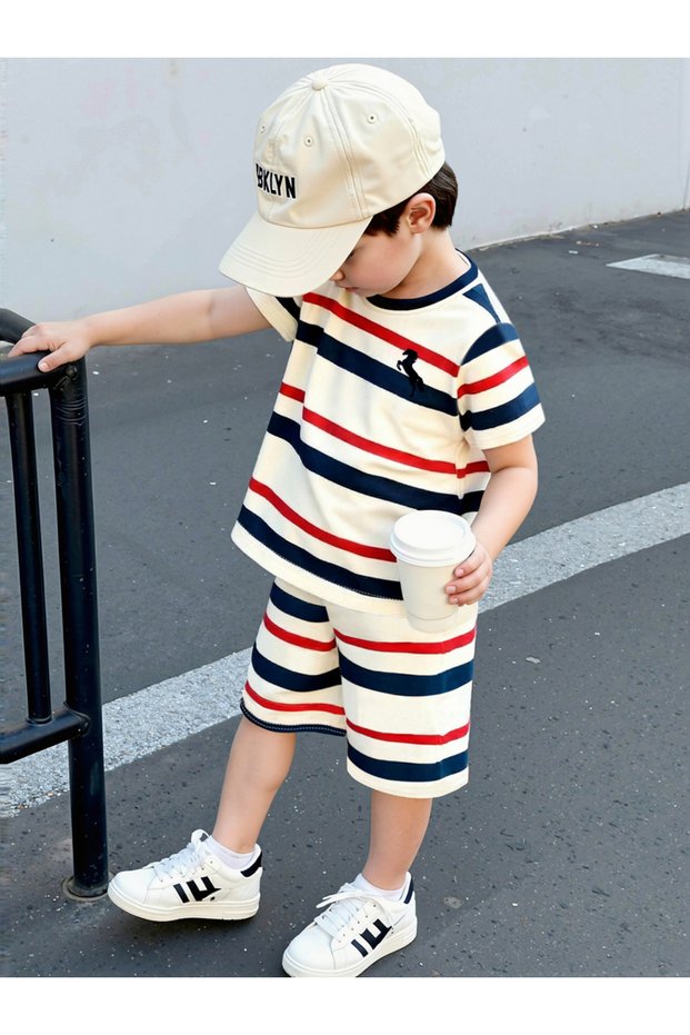 Boys Striped Round Neck T-Shirt and Shorts Set