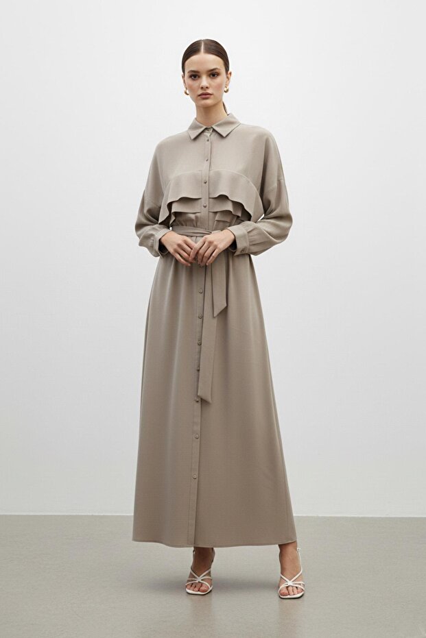 Women's Belted Buttoned Long Dress-12668