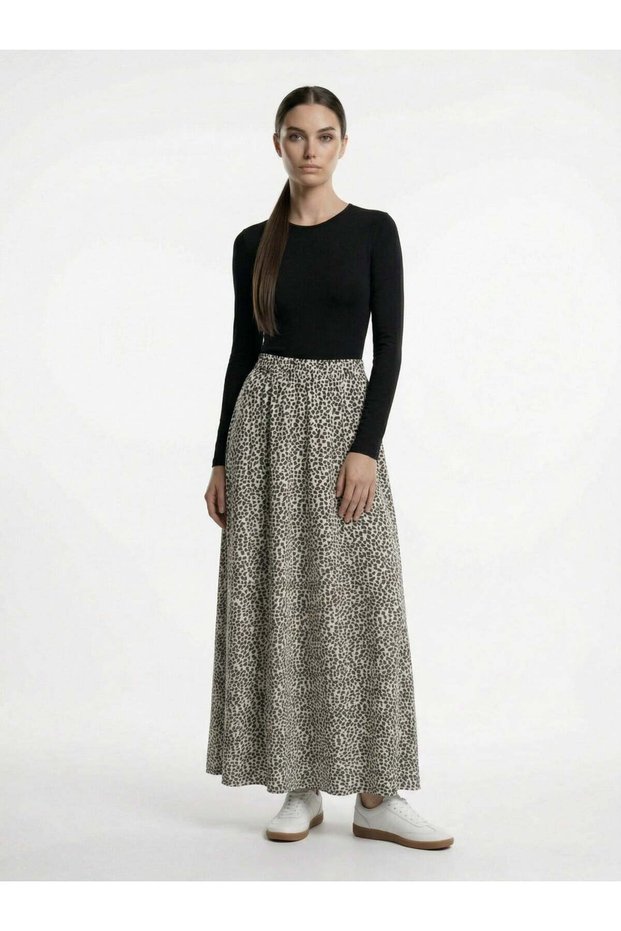 Apsen Women's Cream Black Leopard Printed Pack High Waist Elastic Drapey A-Line Maxi Skirt 2204-90