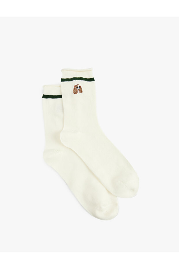 Dog Embroidered Striped Sock Socks
