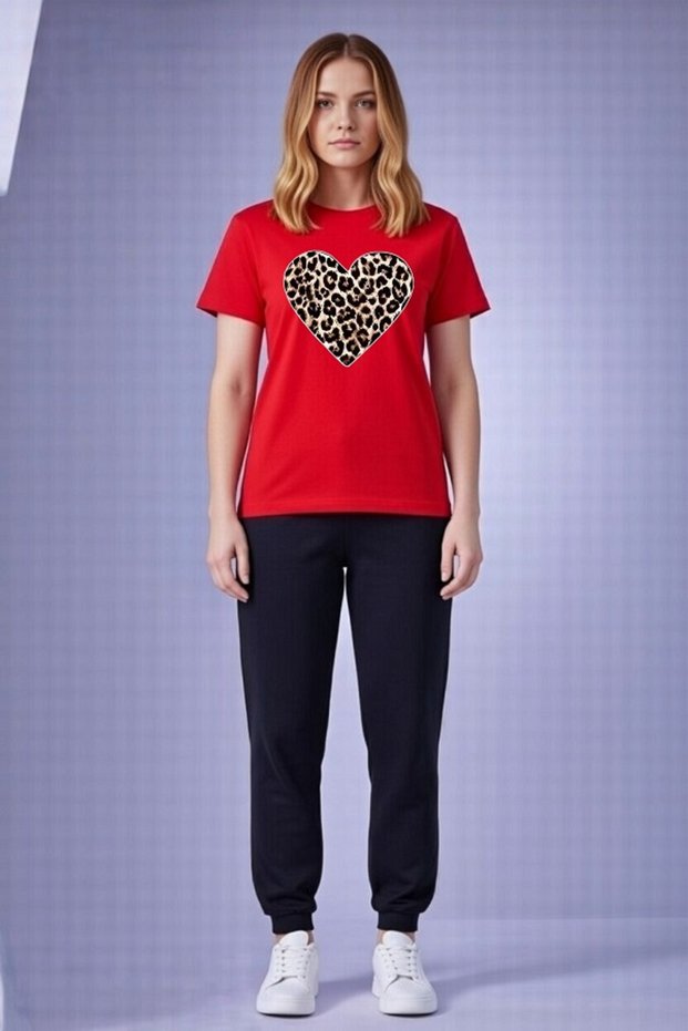 Women's Casual Sports Set Leopard Heart Patterned T-Shirt Tracksuit Set Wide Cut Cotton Piece Oversized
