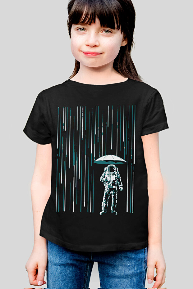 Space Rain Short Sleeve Black Girl's T-Shirt