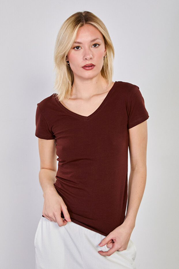 Women's Front and Back V-Neck Short Sleeve Bodysuit - Bitter Brown