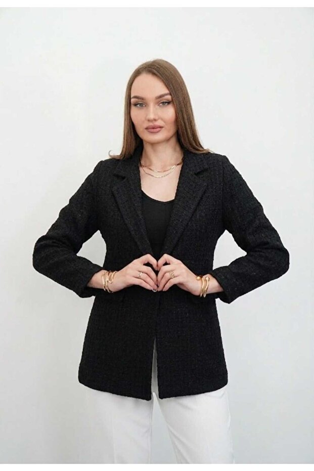 Black Single Button Lined Tweed Jacket - 2