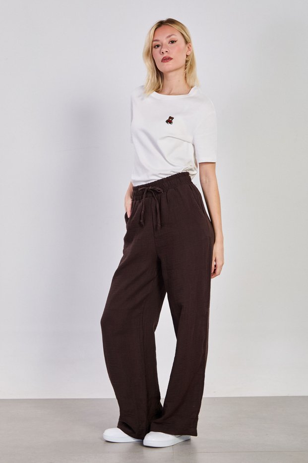 Women's Waist Tie-Detail Cotton Pack Loose Pants - Brown