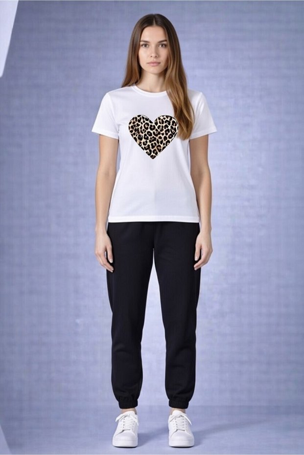 Women's Casual Sports Set Leopard Heart Patterned T-Shirt Tracksuit Set Wide Cut Cotton Piece Oversized
