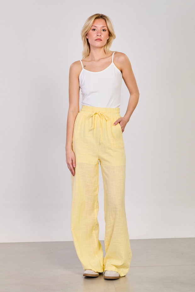 Women's Waist Tie-Detail Linen Loose Pants - Yellow