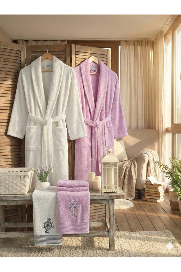 Zena Unisex Lilac Cream Towel Bathrobe Set of 4