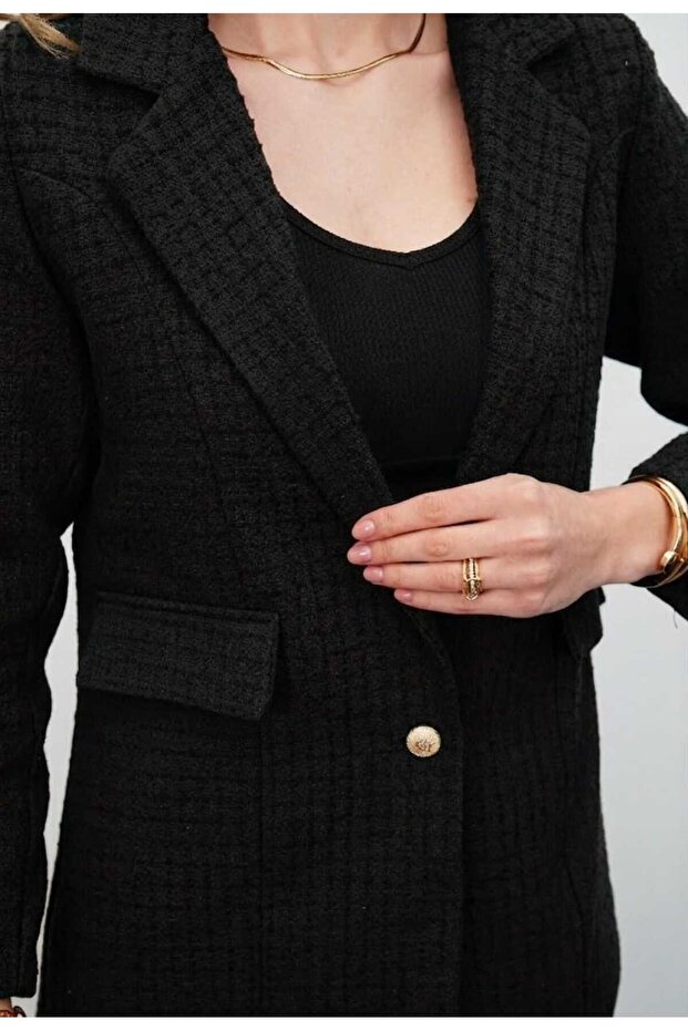 Black Single Button Lined Tweed Jacket - 4