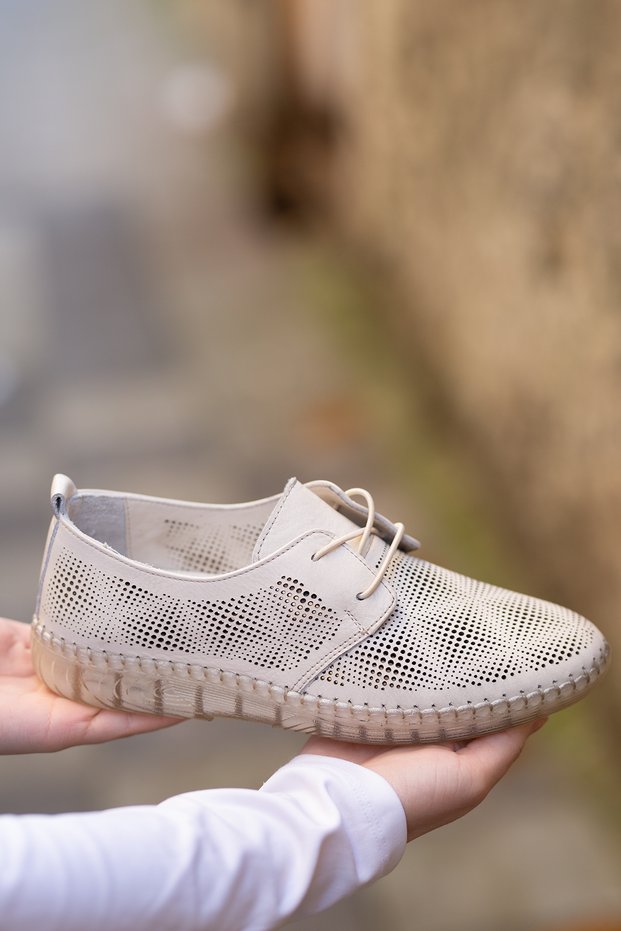 26370010Y Genuine Leather Rubber Sole Pack of Laser-Cut Patterned Lace-Up Casual Orthopedic Women's Shoes