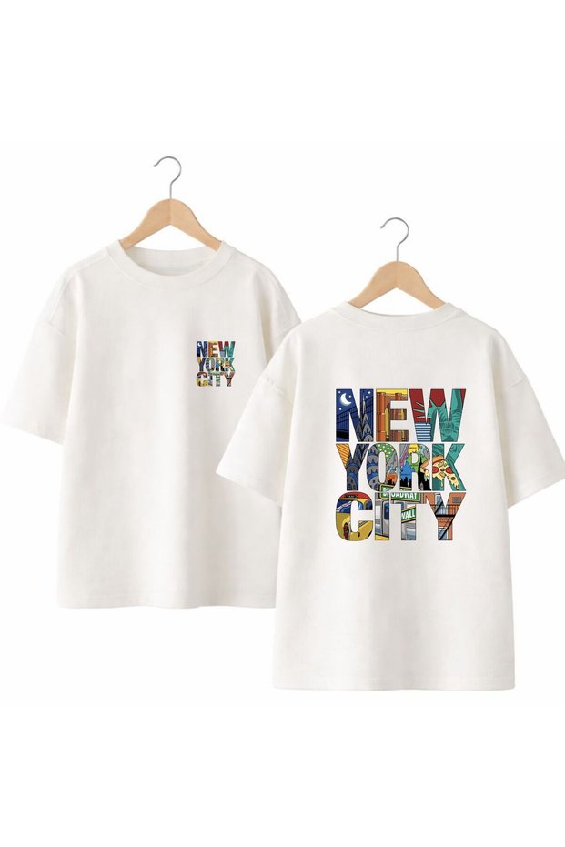 New York City Back and Chest Printed %100 Cotton Oversized Loose Fit Regular Fit Crew Neck T-Shirt