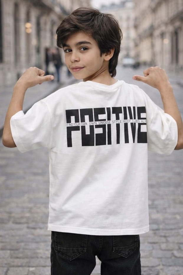 Always Positive! Back Detail Printed Boy's T-Shirt - White - 4-5 Years