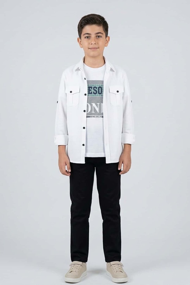 Boy's White Safari Shirt Triple Set (Ages 10-13)