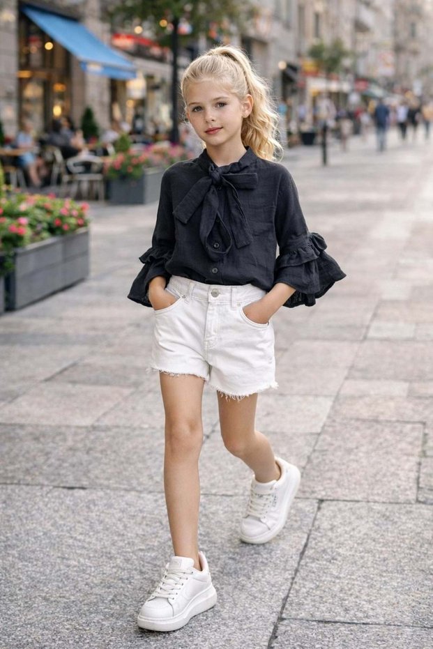 Girl's elegant ribbon collar muslin blouse ruffle Sleeve Detail - black - 4-5 years