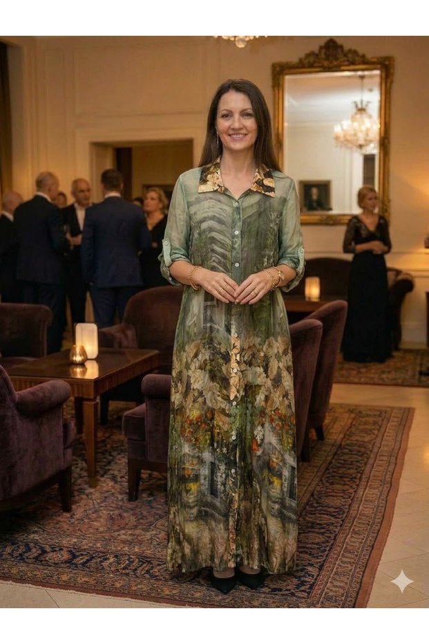 Women's Italian Batik Pattern Long a Lined İ Silk Shirt Dress