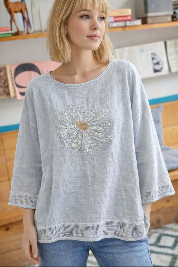 Women's Gray Floral Sequin Embroidered Hem/Arms with Mesh Detail Oversized Casual 100% Cotton Linen Blouse