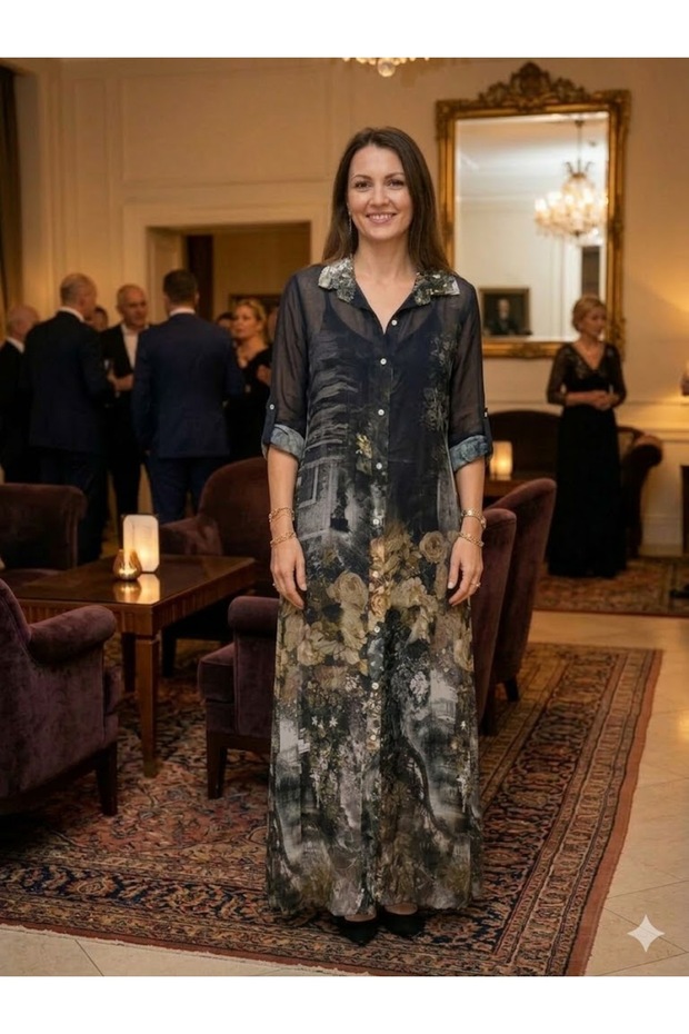 Women's Italian Batik Pattern Long a Lined İ Silk Shirt Dress