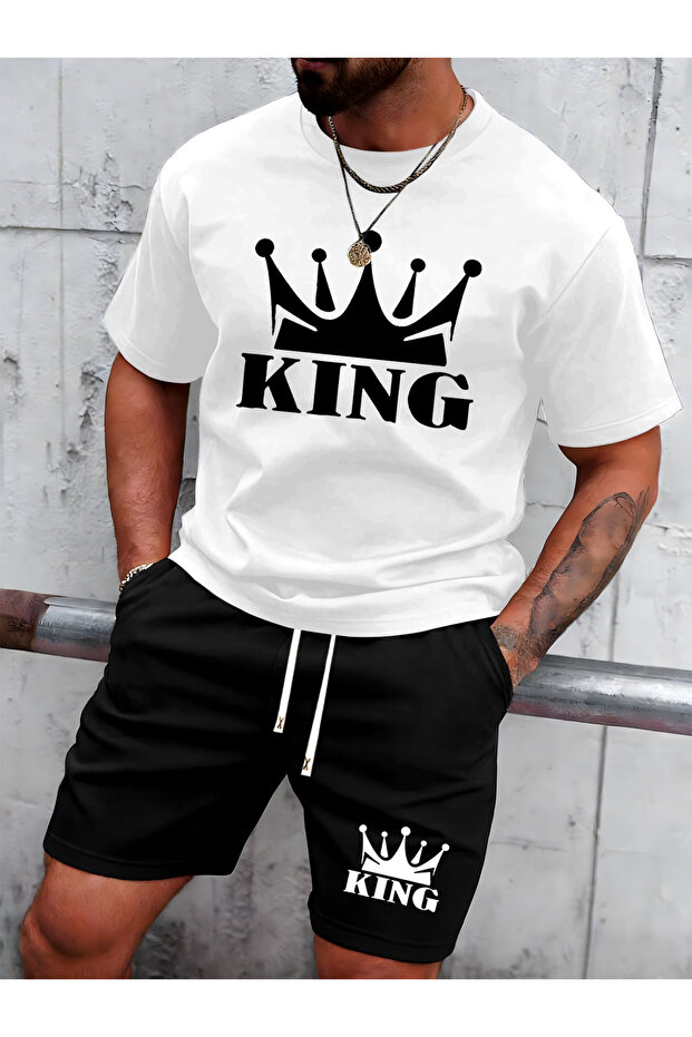 King shorts t-shirt - shorts bottom top tracksuit set Printed Oversized crew neck