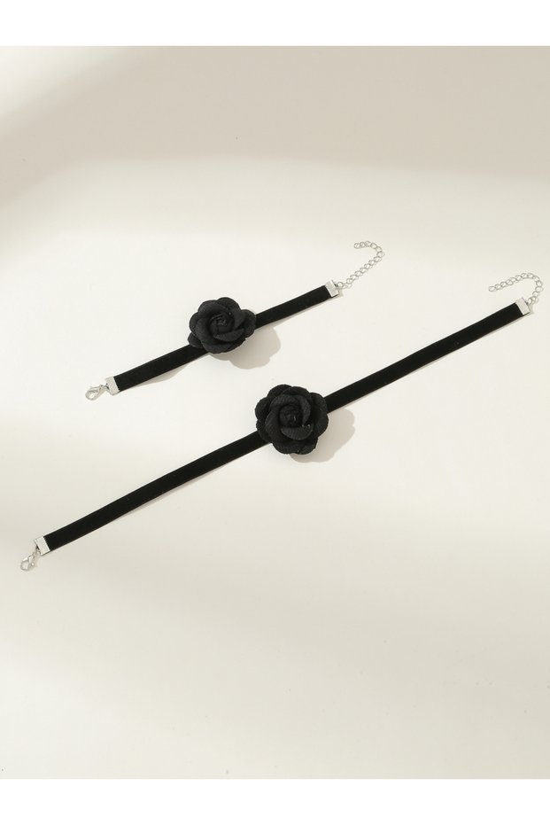 Pack of 2 - Black Flower Choker Necklace and Bracelet