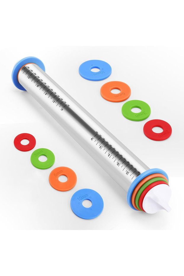 Adjustable Stainless Steel Rolling Pin with Thickness Rings,17 Inch Non-Stick Dough Roller for Pizza,Pasta,Cookies and Pastry