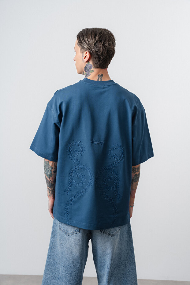 Men's Spiral Embroidery Detailed Oversized T-Shirt Navy Blue