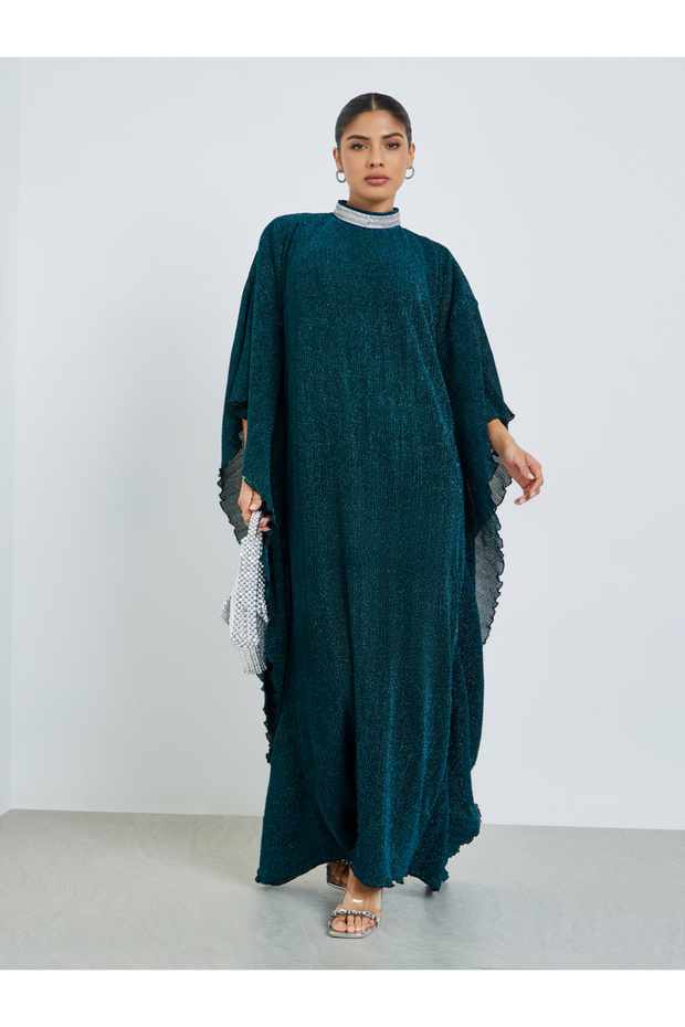 Green Shimmer Plisse Kaftan with Crystal Collar
