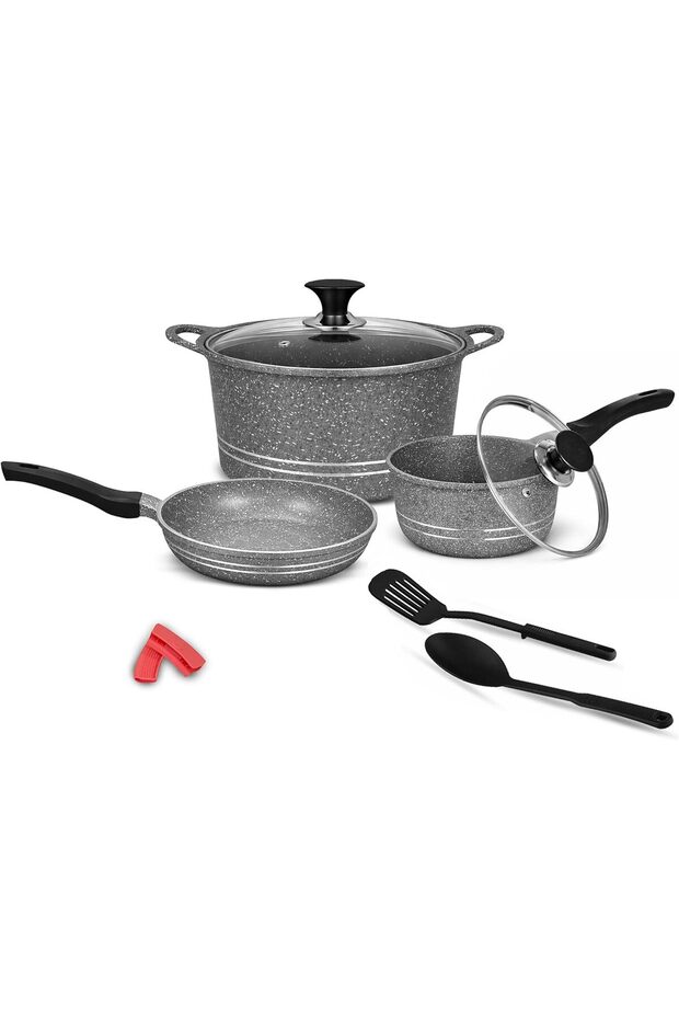 Essential Die-Cast Granite Cookware Set, 9-Piece Non-Stick Pots & Pans Set with Glass Lid & Spoons
