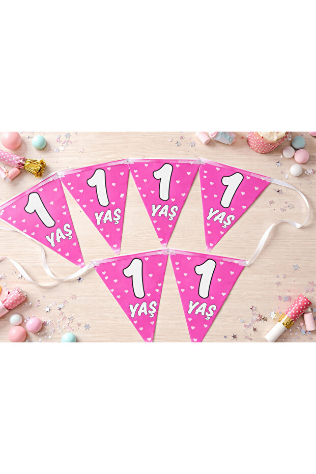1 Year Old Birthday Banner Flag Set – Pink Heart Party Decoration