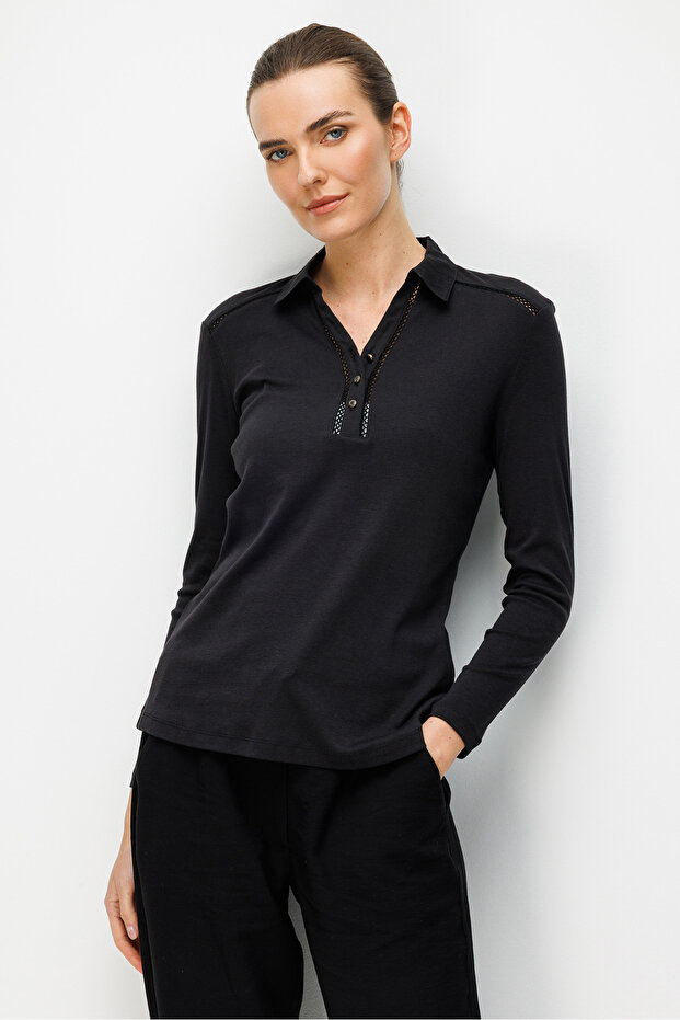 Women's Polo Collar Needle Embroidered Pa Cotton Combed Cotton Blouse 26806 Black