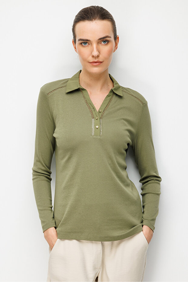 Women's Polo Collar Needle Embroidered Pa Cotton Combed Cotton Blouse 26806 Khaki