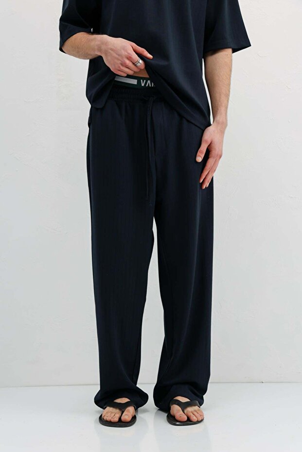 Corded Fabric Textured Baggy Sweatpants Bottom Navy Blue