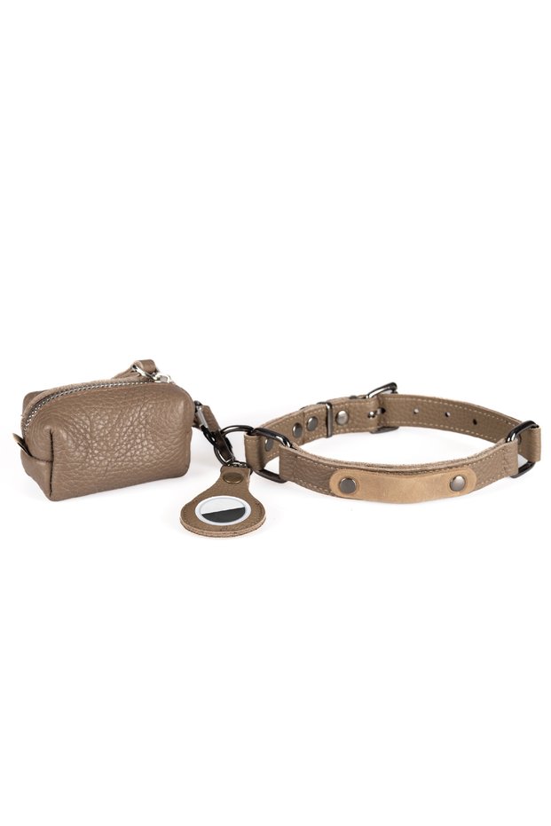 Dog Leash Set 100% Leather - Airtag Case - Poop Bag Triple Set