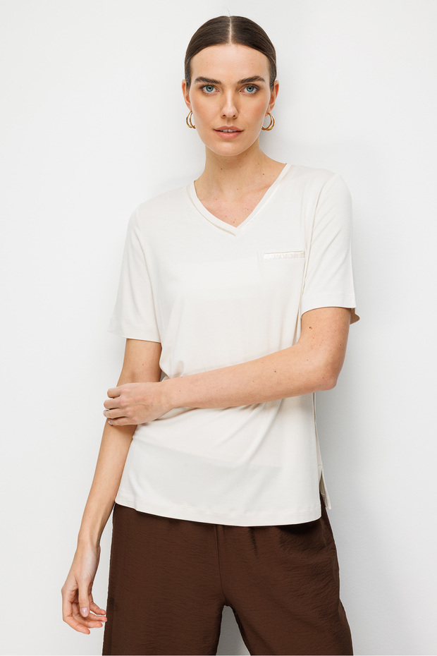 Women's V-Neck Pocket Satin Striped Combed Cotton T-Shirt 26828 Stone