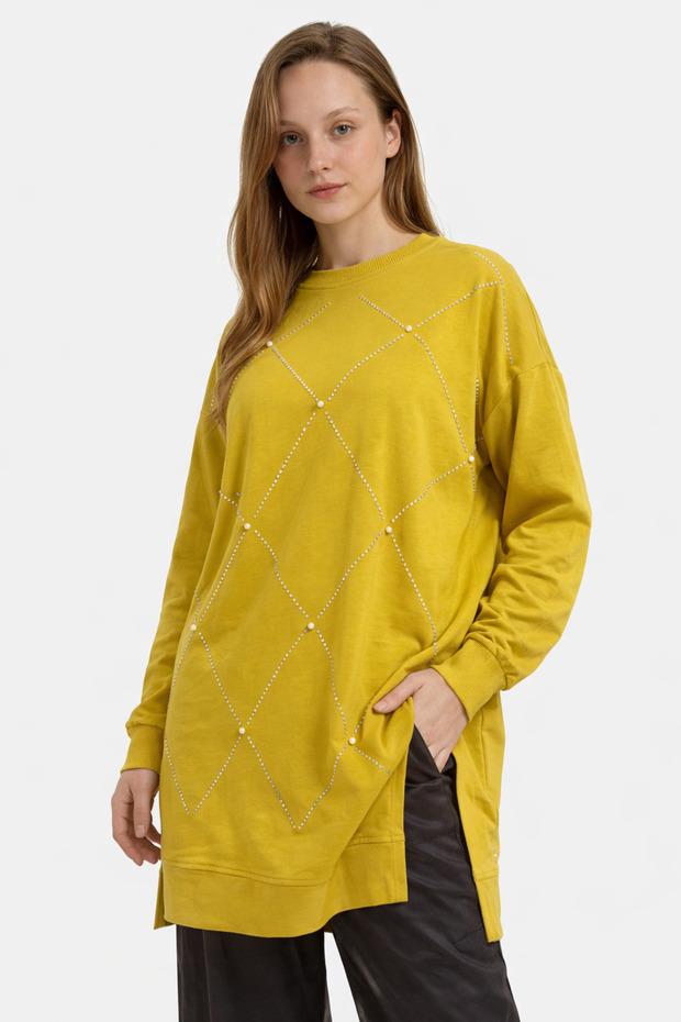 Stone Printed Pearl Embroidered Tunic with Bicycle Collar and Side Slit Detail