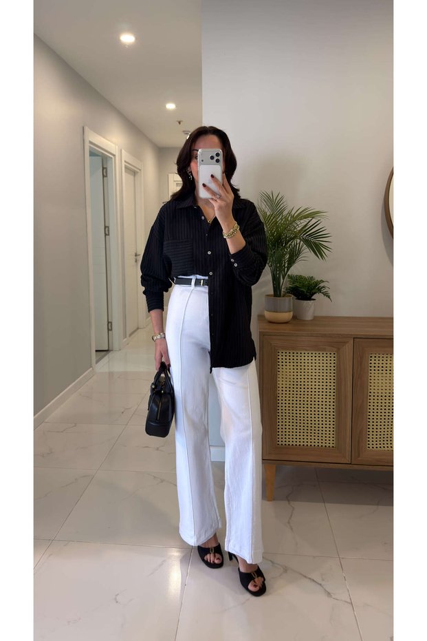 Rinno White Striped Extra High Waist Jeans, Pack of Belt