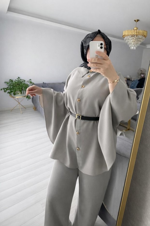 Gold Button Detail Pancohole Sleeve Belt Piece Tunic Set - Stylish Double Set