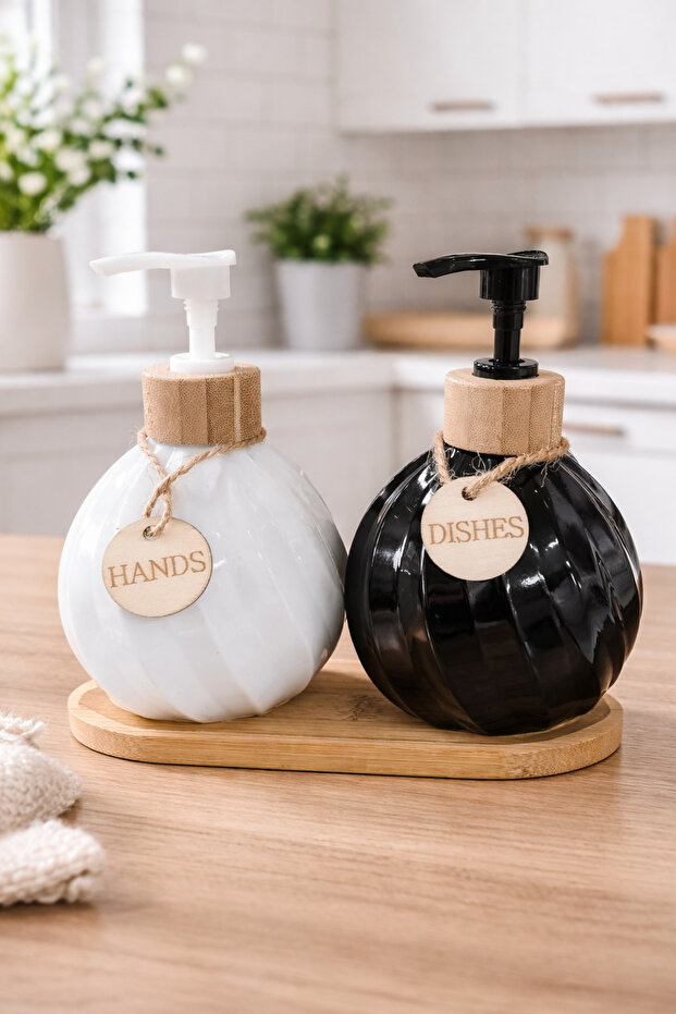 2-Piece Liquid Soap Dispenser & Detergent Dispenser Set, Bamboo Stands, Stand 17.5X8.5 Cm, Bottle 400 ml 15X10 cm