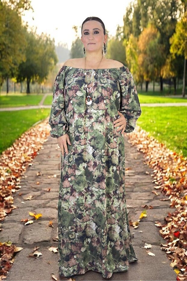 Çi̇çek D Patterned Madonna Collar Sleeve with Elastic Pocket Pocketed Business Cut Viscose Oversize Large Size Dress