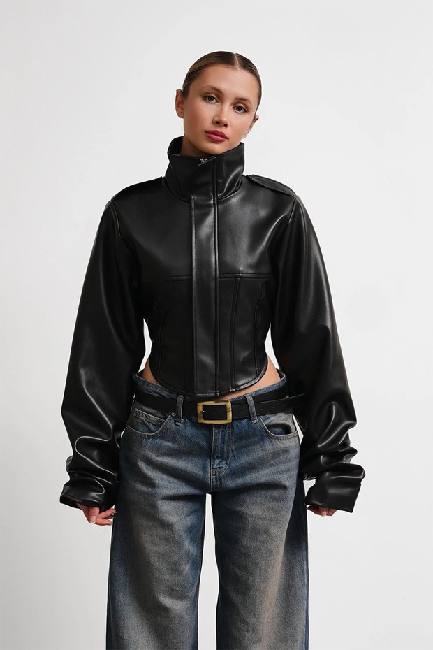Women's Black High Collar Zippered Leather Jacket Modern Urban Style